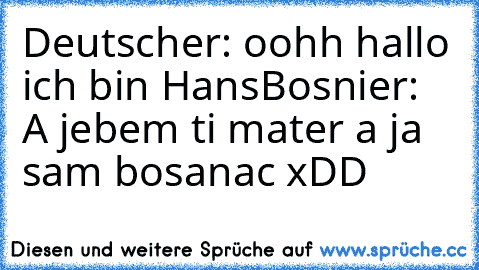 Deutscher: oohh hallo ich bin Hans
Bosnier: A jebem ti mater a ja sam bosanac xDD
