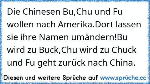 Die Chinesen Bu,Chu und Fu wollen nach Amerika.Dort lassen sie ihre Namen umändern!Bu wird zu Buck,Chu wird zu Chuck und Fu geht zurück nach China.