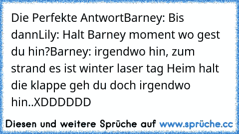 Die Perfekte Antwort
Barney: Bis dann
Lily: Halt Barney moment wo gest du hin?
Barney: irgendwo hin, zum strand es ist winter laser tag Heim halt die klappe geh du doch irgendwo hin..XDDDDDD﻿