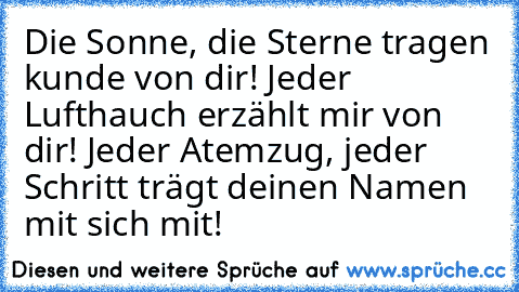 Die Sonne, die Sterne tragen kunde von dir! Jeder Lufthauch erzählt mir von dir! Jeder Atemzug, jeder Schritt trägt deinen Namen mit sich mit!