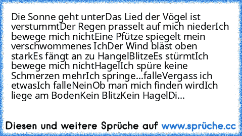 Die Sonne geht unter
Das Lied der Vögel ist verstummt
Der Regen prasselt auf mich nieder
Ich bewege mich nicht
Eine Pfütze spiegelt mein verschwommenes Ich
Der Wind bläst oben stark
Es fängt an zu Hangel
Blitze
Es stürmt
Ich bewege mich nicht
Hagel
Ich spüre keine Schmerzen mehr
Ich springe...falle
Vergass ich etwas
Ich falle
Nein
Ob man mich finden wird
Ich liege am Boden
Kein Blitz
Kein Hagel...