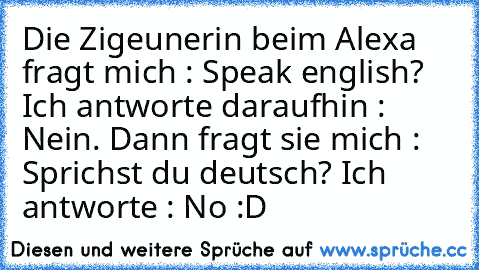 Die Zigeunerin beim Alexa fragt mich : Speak english? Ich antworte daraufhin : Nein. Dann fragt sie mich : Sprichst du deutsch? Ich antworte : No :D