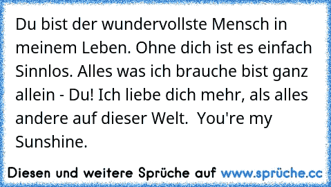 Du bist der wundervollste Mensch in meinem Leben. Ohne dich ist es einfach Sinnlos. Alles was ich brauche bist ganz allein - Du! Ich liebe dich mehr, als alles andere auf dieser Welt. ♥ You're my Sunshine.