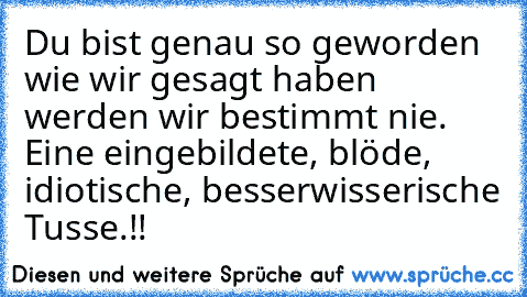 Du bist genau so geworden wie wir gesagt haben werden wir bestimmt nie. Eine eingebildete, blöde, idiotische, besserwisserische Tusse.!!