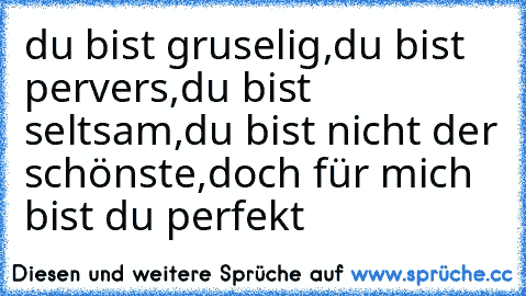 du bist gruselig,
du bist pervers,
du bist seltsam,
du bist nicht der schönste,
doch für mich bist du perfekt ♥