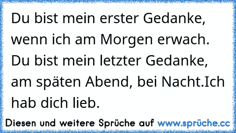 Du bist mein erster Gedanke, wenn ich am Morgen erwach. Du bist mein letzter Gedanke, am späten Abend, bei Nacht.
Ich hab dich lieb.