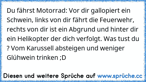 Du fährst Motorrad: Vor dir gallopiert ein Schwein, links von dir fährt die Feuerwehr, rechts von dir ist ein Abgrund und hinter dir ein Helikopter der dich verfolgt. Was tust du ? 
Vom Karussell absteigen und weniger Glühwein trinken ;D