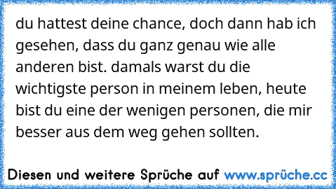 du hattest deine chance, doch dann hab ich gesehen, dass du ganz genau wie alle anderen bist. damals warst du die wichtigste person in meinem leben, heute bist du eine der wenigen personen, die mir besser aus dem weg gehen sollten.