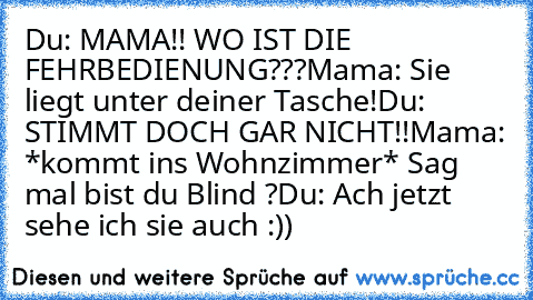 Du: MAMA!! WO IST DIE FEHRBEDIENUNG???
Mama: Sie liegt unter deiner Tasche!
Du: STIMMT DOCH GAR NICHT!!
Mama: *kommt ins Wohnzimmer* Sag mal bist du Blind ?
Du: Ach jetzt sehe ich sie auch 
:))