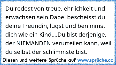 Du redest von treue, ehrlichkeit und erwachsen sein.
Dabei bescheisst du deine Freundin, lügst und benimmst dich wie ein Kind....
Du bist derjenige, der NIEMANDEN verurteilen kann, weil du selbst der schlimmste bist.