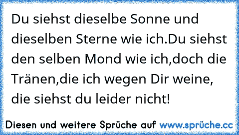 Du siehst dieselbe Sonne und dieselben Sterne wie ich.Du siehst den selben Mond wie ich,doch die Tränen,die ich wegen Dir weine, die siehst du leider nicht!