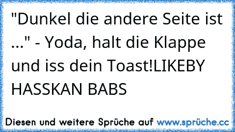 "Dunkel die andere Seite ist ..." - Yoda, halt die Klappe und iss dein Toast!
LIKE
BY HASSKAN BABS