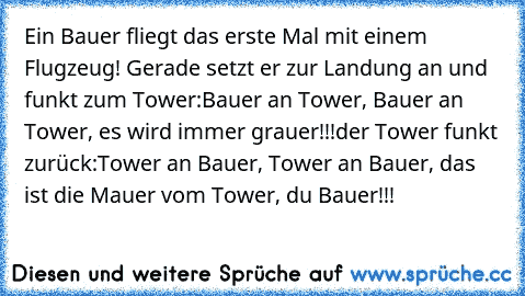 Ein Bauer fliegt das erste Mal mit einem Flugzeug! Gerade setzt er zur Landung an und funkt zum Tower:
Bauer an Tower, Bauer an Tower, es wird immer grauer!!!
der Tower funkt zurück:
Tower an Bauer, Tower an Bauer, das ist die Mauer vom Tower, du Bauer!!!
