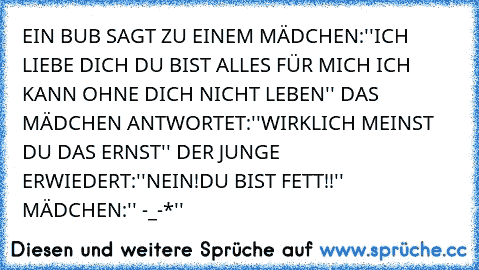 EIN BUB SAGT ZU EINEM MÄDCHEN:''ICH LIEBE DICH DU BIST ALLES FÜR MICH ICH KANN OHNE DICH NICHT LEBEN'' DAS MÄDCHEN ANTWORTET:''WIRKLICH MEINST DU DAS ERNST'' DER JUNGE ERWIEDERT:''NEIN!DU BIST FETT!!'' MÄDCHEN:'' -_-*''