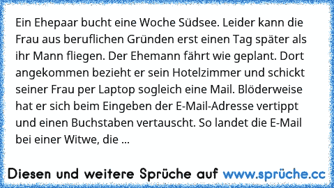 Ein Ehepaar bucht eine Woche Südsee. Leider kann die Frau aus beruflichen Gründen erst einen Tag später als ihr Mann fliegen. Der Ehemann fährt wie geplant. Dort angekommen bezieht er sein Hotelzimmer und schickt seiner Frau per Laptop sogleich eine Mail. Blöderweise hat er sich beim Eingeben der E-Mail-Adresse vertippt und einen Buchstaben vertauscht. So landet die E-Mail bei einer Witwe, die ...