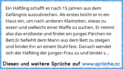 Ein Häftling schafft es nach 15 Jahren aus dem Gefängnis auszubrechen. Als erstes bricht er in ein Haus ein, um nach anderen Klamotten, etwas zu essen und vielleicht einer Waffe zu suchen. Er nimmt also das erstbeste und findet ein junges Pärchen im Bett.
Er befiehlt dem Mann aus dem Bett zu steigen und bindet ihn an einem Stuhl fest. Danach wendet sich der Häftling der jungen Frau zu und binde...