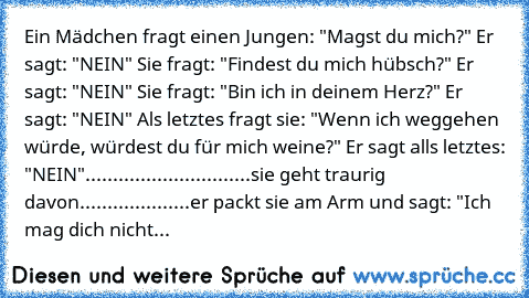 Ein Mädchen fragt einen Jungen: "Magst du mich?" Er sagt: "NEIN" Sie fragt: "Findest du mich hübsch?" Er sagt: "NEIN" Sie fragt: "Bin ich in deinem Herz?" Er sagt: "NEIN" Als letztes fragt sie: "Wenn ich weggehen würde, würdest du für mich weine?" Er sagt alls letztes: "NEIN"..............................sie geht traurig davon....................er packt sie am Arm und sagt: "Ich mag dich nicht...