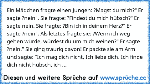 Ein Mädchen fragte einen Jungen: ?Magst du mich?" Er sagte ?nein". Sie fragte: ?Findest du mich hübsch?" Er sagte nein. Sie fragte: ?Bin ich in deinem Herz?" Er sagte ?nein". Als letztes fragte sie: ?Wenn ich weg gehen würde, würdest du um mich weinen?" Er sagte ?nein." Sie ging traurig davon! Er packte sie am Arm und sagte: "Ich mag dich nicht, Ich liebe dich. Ich finde dich nicht hübsch, ich ...