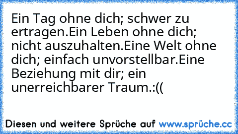 Ein Tag ohne dich; schwer zu ertragen.
Ein Leben ohne dich; nicht auszuhalten.
Eine Welt ohne dich; einfach unvorstellbar.
Eine Beziehung mit dir; ein unerreichbarer Traum.
:((