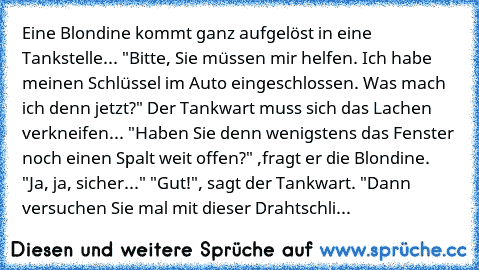 Eine Blondine kommt ganz aufgelöst in eine Tankstelle... "Bitte, Sie müssen mir helfen. Ich habe meinen Schlüssel im Auto eingeschlossen. Was mach ich denn jetzt?" Der Tankwart muss sich das Lachen verkneifen... "Haben Sie denn wenigstens das Fenster noch einen Spalt weit offen?" ,fragt er die Blondine. "Ja, ja, sicher..." "Gut!", sagt der Tankwart. "Dann versuchen Sie mal mit dieser Drahtschli...