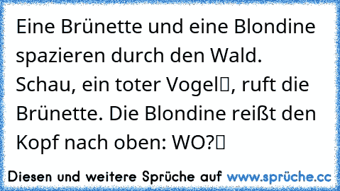 Eine Brünette und eine Blondine spazieren durch den Wald. – „Schau, ein toter Vogel“, ruft die Brünette. Die Blondine reißt den Kopf nach oben: „WO?“