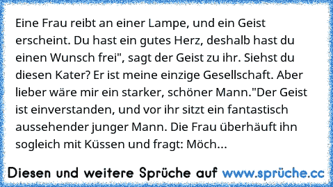 Eine Frau reibt an einer Lampe, und ein Geist erscheint. „Du hast ein gutes Herz, deshalb hast du einen Wunsch frei", sagt der Geist zu ihr. „Siehst du diesen Kater? Er ist meine einzige Gesellschaft. Aber lieber wäre mir ein starker, schöner Mann."
Der Geist ist einverstanden, und vor ihr sitzt ein fantastisch aussehender junger Mann. Die Frau überhäuft ihn sogleich mit Küssen und fragt: „Möch...