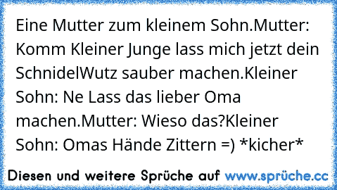 Eine Mutter zum kleinem Sohn.
Mutter: Komm Kleiner Junge lass mich jetzt dein SchnidelWutz sauber machen.
Kleiner Sohn: Ne Lass das lieber Oma machen.
Mutter: Wieso das?
Kleiner Sohn: Omas Hände Zittern =) *kicher*