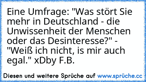 Eine Umfrage: "Was stört Sie mehr in Deutschland - die Unwissenheit der Menschen oder das Desinteresse?" - "Weiß ich nicht, is mir auch egal." xD
by F.B.
