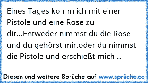 Eines Tages komm ich mit einer Pistole und eine Rose zu dir...
Entweder nimmst du die Rose und du gehörst mir,
oder du nimmst die Pistole und erschießt mich ..