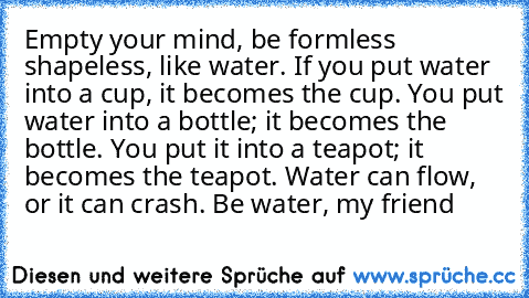 Empty your mind, be formless… shapeless, like water. If you put water into a cup, it becomes the cup. You put water into a bottle; it becomes the bottle. You put it into a teapot; it becomes the teapot. Water can flow, or it can crash. Be water, my friend…