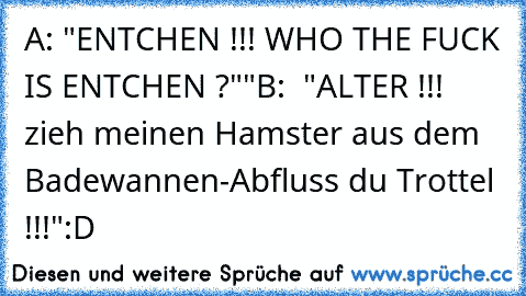 A: "ENTCHEN !!! WHO THE FUCK IS ENTCHEN ?""
B:  "ALTER !!! zieh meinen Hamster aus dem Badewannen-Abfluss du Trottel !!!"
:D