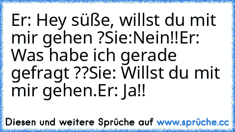 Er: Hey süße, willst du mit mir gehen ?
Sie:Nein!!
Er: Was habe ich gerade gefragt ??
Sie: Willst du mit mir gehen.
Er: Ja!!