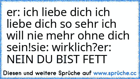 er: ich liebe dich ich liebe dich so sehr ich will nie mehr ohne dich sein!
sie: wirklich?
er: NEIN DU BIST FETT