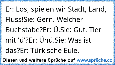 Er: Los, spielen wir Stadt, Land, Fluss!
Sie: Gern. Welcher Buchstabe?
Er: Ü.
Sie: Gut. Tier mit 'ü'?
Er: Ühü.
Sie: Was ist das?
Er: Türkische Eule.