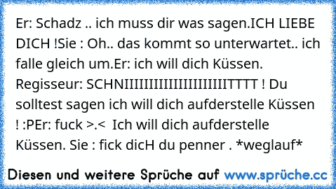 Er: Schadz .. ich muss dir was sagen.
ICH LIEBE DICH !
Sie : Oh.. das kommt so unterwartet.. ich falle gleich um.
Er: ich will dich Küssen. ♥
Regisseur: SCHNIIIIIIIIIIIIIIIIIIIIITTTT ! Du solltest sagen ich will dich aufderstelle Küssen ! :P
Er: fuck >.<  Ich will dich aufderstelle Küssen. ♥
Sie : fick dicH du penner . *weglauf* 