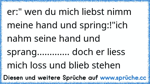 er:" wen du mich liebst nimm meine hand und spring:!"
ich nahm seine hand und sprang............. doch er liess mich loss und blieb stehen