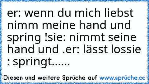 er: wenn du mich liebst nimm meine hand und spring !
sie: nimmt seine hand und .
er: lässt los
sie : springt......