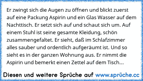 Er zwingt sich die Augen zu öffnen und blickt zuerst auf eine Packung Aspirin und ein Glas Wasser auf dem Nachttisch. Er setzt sich auf und schaut sich um. Auf einem Stuhl ist seine gesamte Kleidung, schön zusammengefaltet. Er sieht, daß im Schlafzimmer alles sauber und ordentlich aufgeräumt ist. Und so sieht es in der ganzen Wohnung aus. Er nimmt die Aspirin und bemerkt einen Zettel auf dem Tisch...