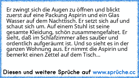 Er zwingt sich die Augen zu öffnen und blickt zuerst auf eine Packung Aspirin und ein Glas Wasser auf dem Nachttisch. Er setzt sich auf und schaut sich um. Auf einem Stuhl ist seine gesamte Kleidung, schön zusammengefaltet. Er sieht, daß im Schlafzimmer alles sauber und ordentlich aufgeräumt ist. Und so sieht es in der ganzen Wohnung aus. Er nimmt die Aspirin und bemerkt einen Zettel auf dem Ti...