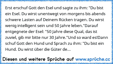 Erst erschuf Gott den Esel und sagte zu ihm: "Du bist ein Esel. Du wirst unentwegt von morgens bis abends schwere Lasten auf Deinem Rücken tragen. Du wirst wenig intelligent sein und 50 Jahre leben."
Darauf entgegnete der Esel: "50 Jahre diese Qual, das ist zuviel, gib mir bitte nur 30 Jahre."
Und so ward es!
Dann schuf Gott den Hund und Sprach zu ihm: "Du bist ein Hund. Du wirst über die Güter...