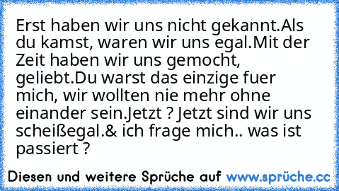 Erst haben wir uns nicht gekannt.
Als du kamst, waren wir uns egal.
Mit der Zeit haben wir uns gemocht, geliebt.
Du warst das einzige fuer mich, wir wollten nie mehr ohne einander sein.
Jetzt ? Jetzt sind wir uns scheißegal.
& ich frage mich.. was ist passiert ?