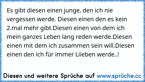 Es gibt diesen einen junge, den ich nie vergessen werde. Diesen einen den es kein 2.mal mehr gibt.
Diesen einen von dem ich mein ganzes Leben lang reden werde.
Diesen einen mit dem ich zusammen sein will.
Diesen einen den ich für immer Liieben werde..! ♥