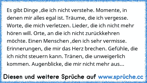 Es gibt Dinge ,die ich nicht verstehe. Momente, in denen mir alles egal ist. Träume, die ich vergesse. Worte, die mich verletzen. Lieder, die ich nicht mehr hören will. Orte, an die ich nicht zurückkehren möchte. Einen Menschen ,den ich sehr vermisse. Erinnerungen, die mir das Herz brechen. Gefühle, die ich nicht steuern kann. Tränen, die unweigerlich kommen. Augenblicke, die mir nicht mehr aus...