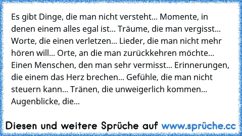 Es gibt Dinge, die man nicht versteht... Momente, in denen einem alles egal ist... Träume, die man vergisst... Worte, die einen verletzen... Lieder, die man nicht mehr hören will... Orte, an die man zurückkehren möchte... Einen Menschen, den man sehr vermisst... Erinnerungen, die einem das Herz brechen... Gefühle, die man nicht steuern kann... Tränen, die unweigerlich kommen... Augenblicke, die...