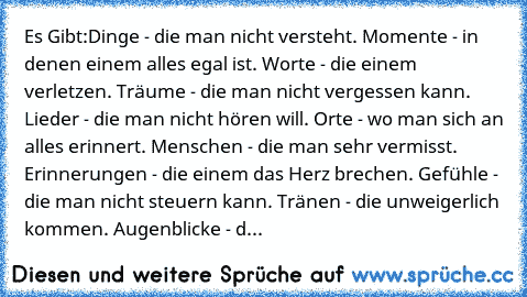 Es Gibt:
Dinge - die man nicht versteht.
 Momente - in denen einem alles egal ist.
 Worte - die einem verletzen.
 Träume - die man nicht vergessen kann.
 Lieder - die man nicht hören will.
 Orte - wo man sich an alles erinnert.
 Menschen - die man sehr vermisst.
 Erinnerungen - die einem das Herz brechen.
 Gefühle - die man nicht steuern kann.
 Tränen - die unweigerlich kommen.
 Augenblicke - die ...