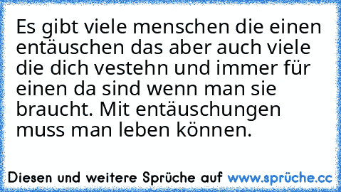 Es gibt viele menschen die einen entäuschen das aber auch viele die dich vestehn und immer für einen da sind wenn man sie braucht. Mit entäuschungen muss man leben können.