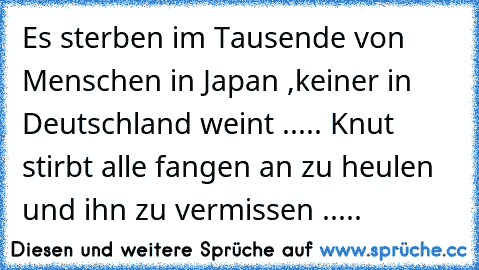 Es sterben im Tausende von Menschen in Japan ,keiner in Deutschland weint ..... Knut stirbt alle fangen an zu heulen und ihn zu vermissen .....