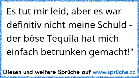 Es tut mir leid, aber es war definitiv nicht meine Schuld - der böse Tequila hat mich einfach betrunken gemacht!"