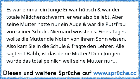 Es war einmal ein Junge… Er war hübsch & war der totale Mädchenschwarm, er war also beliebt. Aber seine Mutter hatte nur ein Auge & war die Putzfrau von seiner Schule. Niemand wusste es. Eines Tages wollte die Mutter die Noten von ihrem Sohn wissen. Also kam Sie in die Schule & fragte den Lehrer. Alle sagten “Bähh, ist das deine Mutter?” Dem Jungen wurde das total peinlich weil seine Mutter nur...