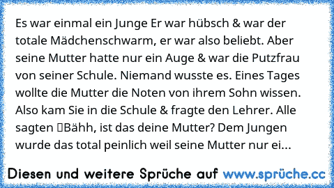 Es war einmal ein Junge… Er war hübsch & war der totale Mädchenschwarm, er war also beliebt. Aber seine Mutter hatte nur ein Auge & war die Putzfrau von seiner Schule. Niemand wusste es. Eines Tages wollte die Mutter die Noten von ihrem Sohn wissen. Also kam Sie in die Schule & fragte den Lehrer. Alle sagten “Bähh, ist das deine Mutter?” Dem Jungen wurde das total peinlich weil seine Mutter nur...